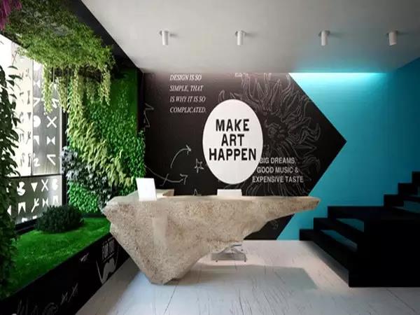 有氣派的公司前廳，墻面的色彩工藝前臺背景墻都是這么設計的